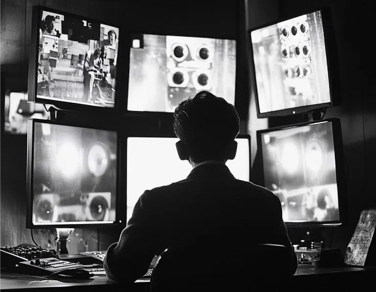 investigative journalist examining surveillance footage 1