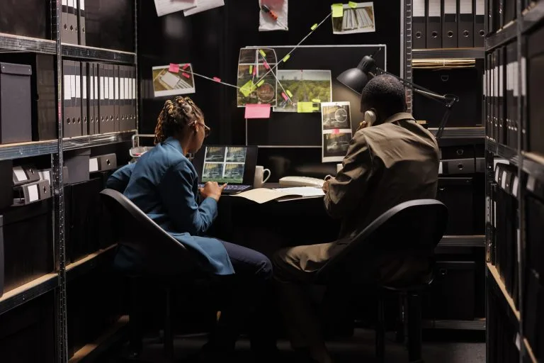 investigators checking photos talking with client phone min